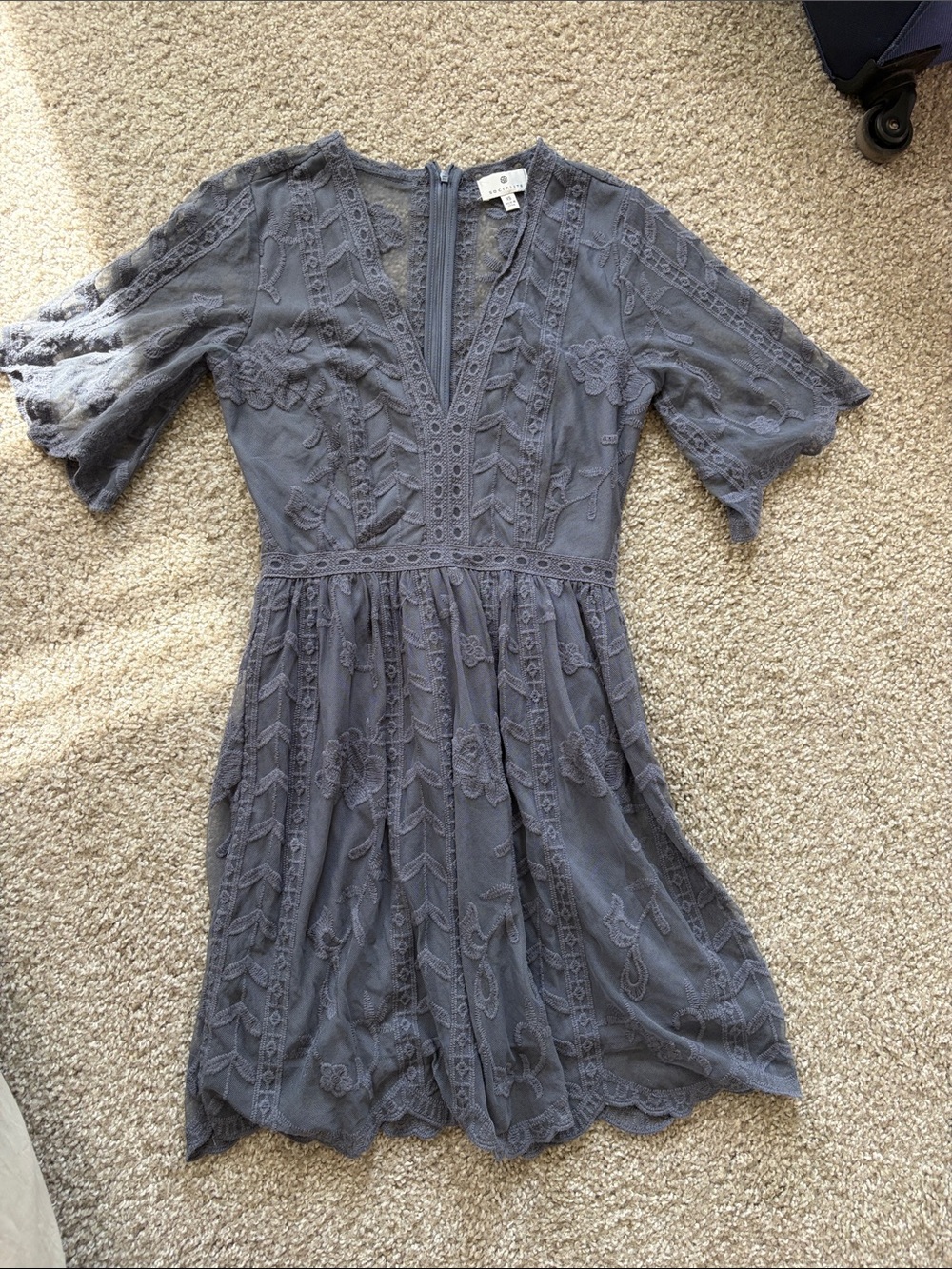 V-Neck Blue Gray Lace A-Line Dress with Flutter Sleeves